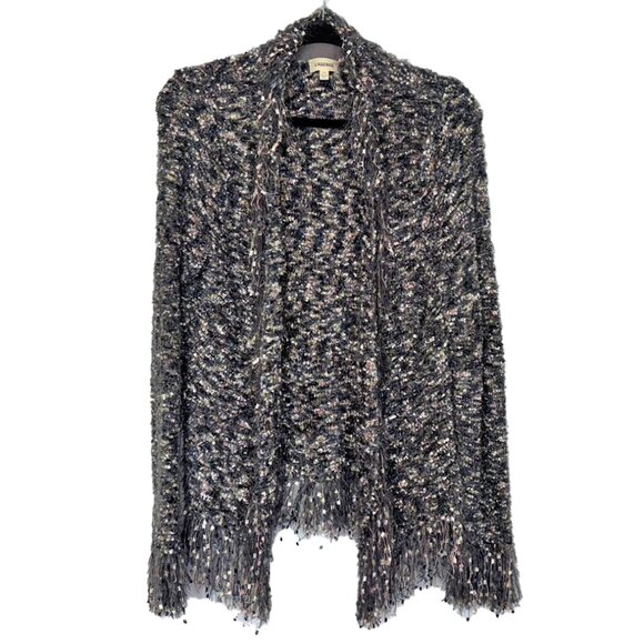 L'Agence Gray Multicolor Fringe Trim Long Sleeve Cardigan - Size M - Picture 2 of 6